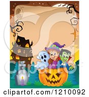 Poster, Art Print Of Ghost Witch And Vampire In A Halloween Jackolantern Pumpkin Over A Haunted House And Scroll