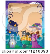 Cartoon Of A Halloween Scroll With A Happy Witch Girl Pushing A Cat And Pumpkins In A Wheel Barrow Royalty Free Vector Clipart by visekart