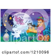 Cartoon Of A Witch Pushing A Cat On A Wheelbarrow Of Pumpkins Near A Ghost Bat And Haunted House Royalty Free Vector Clipart by visekart