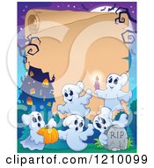 Poster, Art Print Of Halloween Scroll Ghosts A Pumpkin Tombstone And Haunted House