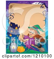 Poster, Art Print Of Halloween Scroll With A Happy Witch Girl And Cat Flying On A Broomstick With A Candle Over A Haunted House