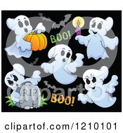Poster, Art Print Of Halloween Ghosts And Bats On Black