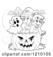 Poster, Art Print Of Black And White Halloween Girl Witch Boy Vampire And Ghost In A Jackolantern Pumpkin