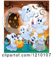 Poster, Art Print Of Halloween Ghosts With A Candle Tombstone And Pumpkin Near A Haunted House