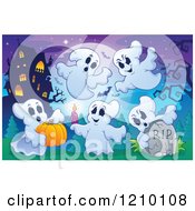 Poster, Art Print Of Halloween Ghosts With A Candle Head Stone And Pumpkin Near A Haunted House