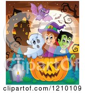 Poster, Art Print Of Bat Over A Ghost Witch And Vampire In A Halloween Jackolantern Pumpkin Near A Haunted House