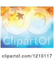 Clipart Of A Background Of Autumn Leaves And Flares On Blue And Orange Royalty Free Vector Illustration by visekart