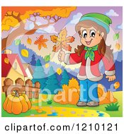 Poster, Art Print Of Happy Girl Holding An Autumn Leaf Near A Pumpkin On A Path