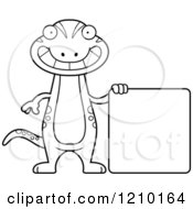 Cartoon Of A Black And White Skinny Gecko With A Sign Royalty Free Vector Clipart