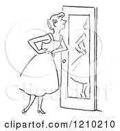 Clipart Of A Black And White Lady Smiling At Herself In A Door Mirror Royalty Free Vector Illustration