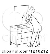 Clipart Of A Black And White Man Putting On A Tie In Front Of A Mirror Royalty Free Vector Illustration