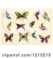 Clipart Of Colorful Butterflies On Beige Royalty Free Vector Illustration