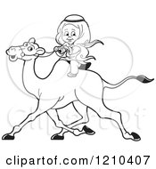 Clipart Of A Black And White Happy Arabic Kid Riding A Camel Royalty Free Vector Illustration by Lal Perera