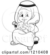 Clipart Of A Black And White Happy Arabic Kid Drinking Juice Royalty Free Vector Illustration by Lal Perera