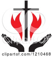 Clipart Of A Black Cross And Uplifted Hands With Red Flames Royalty Free Vector Illustration by Johnny Sajem