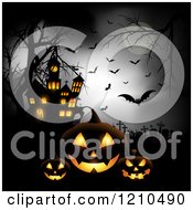 Poster, Art Print Of Halloween Haunted House With Bats A Full Moon And Jackolantern Pumpkins In A Cemetery