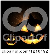 Clipart Of Illuminated Halloween Jackolantern Pumpkins Over A Star Burst On Black Royalty Free Vector Illustration