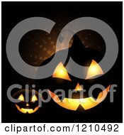 Poster, Art Print Of Illuminated Halloween Jackolantern Pumpkins Over A Star Burst On Black