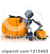Poster, Art Print Of 3d Blue Android Robot With Halloween Pumpkins