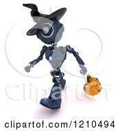Poster, Art Print Of 3d Blue Android Robot Trick Or Treating On Halloween As A Witch
