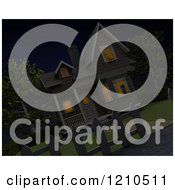 Clipart Of A Tilted Angle Of A Timber House And Yard At Night Royalty Free CGI Illustration