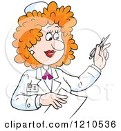 Cartoon Of A Red Haird Female Nurse Writing With A Pen Royalty Free Vector Clipart