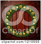 Poster, Art Print Of Christmas Wreath With Golden Elements On A Wood Door