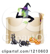 Poster, Art Print Of Witch Pointing Down To A Scroll Sign With Black Cats Halloween Pumpkins And A Broomstick
