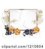 Poster, Art Print Of Happy Skeleton Mummy Pumpkins And Black Cat Around A Blank Sign