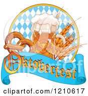 Beer Mug With Grains And Soft Pretzels Over An Oktoberfest Banner And Diamonds