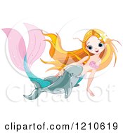 Cartoon Of A Pretty Mermaid Petting And Swimming With A Dolphin Royalty Free Vector Clipart