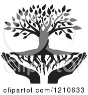 Clipart Of A Black And White Tree With Roots And Uplifted Hands Royalty Free Vector Illustration by Johnny Sajem #COLLC1210633-0090