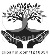 Clipart Of A Black And White Tree And Uplifted Hands Royalty Free Vector Illustration