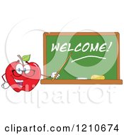 Poster, Art Print Of Red Apple Teacher Mascot Wearing Glasses Holding A Pointer Stick To A Welcome Chalk Board