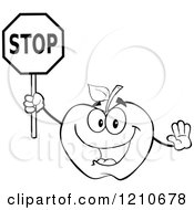 Cartoon Of A Black And White Apple Mascot Holding A Stop Sign Royalty Free Vector Clipart