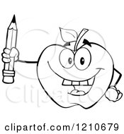Cartoon Of A Black And White Apple Mascot Holding Up A Pencil Royalty Free Vector Clipart