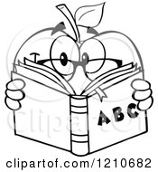Poster, Art Print Of Black And White Apple Mascot With Glasses Reading An Alphabet Book