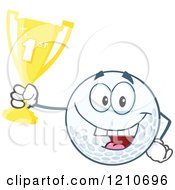 Poster, Art Print Of Happy Golf Ball Mascot Holding A First Place Trophy Cup