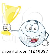 Poster, Art Print Of Happy Golf Ball Mascot Holding A Gold Trophy Cup