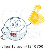 Happy Golf Ball Mascot Wearing A Foam Finger