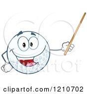 Cartoon Of A Happy Golf Ball Mascot Holding A Pointer Stick Royalty Free Vector Clipart