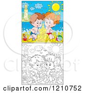 Clipart Of Outlined And Colored Children Building A Sand Castle On A Summer Time Beach Royalty Free Vector Illustration by Alex Bannykh