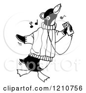 Sketched Black And White Penguin Listening To Music On An Mp3 Player