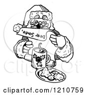 Clipart Of A Sketched Black And White Santa Reading A Letter Royalty Free Illustration