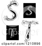 Clipart Of A Black And White Vintage Floral Letter S And T Royalty Free Vector Illustration