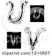 Clipart Of A Black And White Vintage Floral Letter U And V Royalty Free Vector Illustration