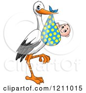 Poster, Art Print Of Stork Bird With A Baby In A Polka Dot Bundle