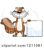 Cartoon Of A Happy Slim Squirrel With A Sign Royalty Free Vector Clipart