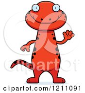 Cartoon Of A Waving Slim Red Salamander Royalty Free Vector Clipart