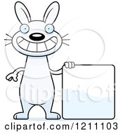 Cartoon Of A Happy Slim White Rabbit With A Sign Royalty Free Vector Clipart